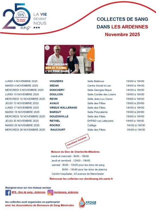 Récapitulatif des dates pour les dons du sang dans les Ardennes durant le mois de novembre