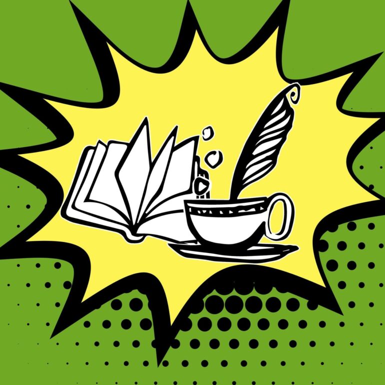 Logo de la librairie Plumes et Bulle, le logo représente une bulle de BD dans laquelle se trouve un livre ainsi qu'une tasse de café avec une plume pour écrire à l'intérieur