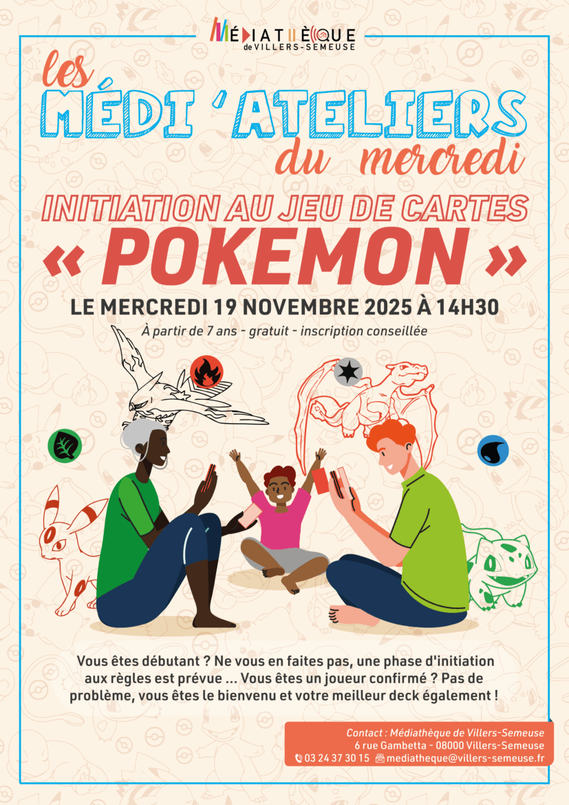 Affiche pour le rendez-vous Médi’Atelier : Initiation au jeu de cartes Pokémon