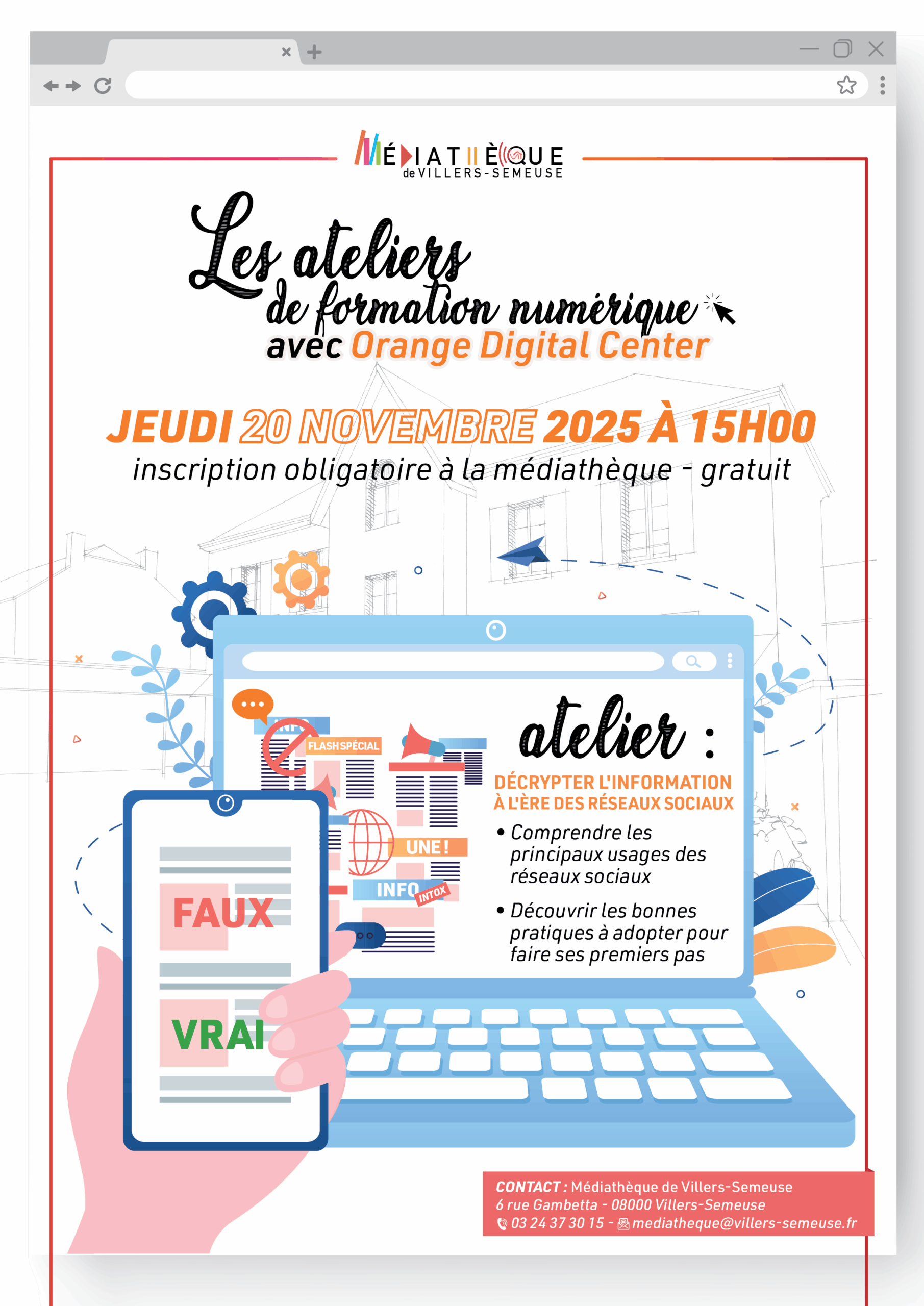 affiche pour le 20 novembre MEDIATHEQUE - ATELIER NUMERIQUE ORANGE NOVEMBRE