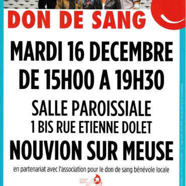 Affiche don du sang à Nouvion sur Meuse le Mardi 16 décembre