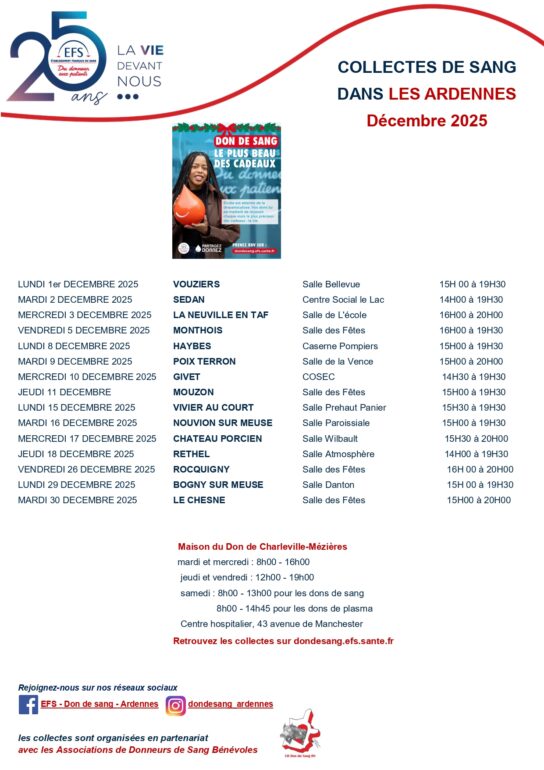 Afiiche des dates pour les collectes de sang en décembre 2025 dans les Ardennes