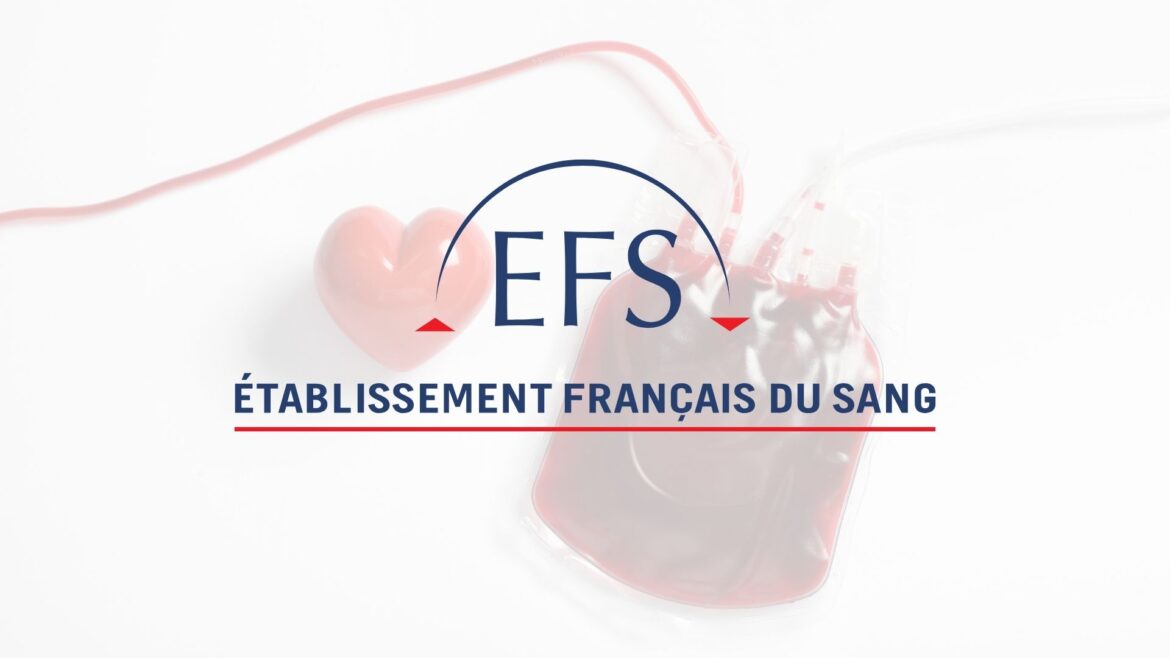 Logo de L'EFS _ Établissement Français du Sang, avec une poche de sang et un coeur en fond