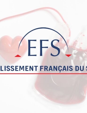 Logo de L'EFS _ Établissement Français du Sang, avec une poche de sang et un coeur en fond