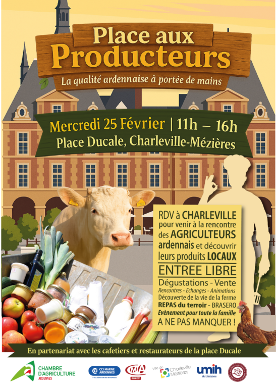 Affiche de l'évènement du 25 février " Place aux producteurs", retrouvé nos producteurs logo de 11h à 16h