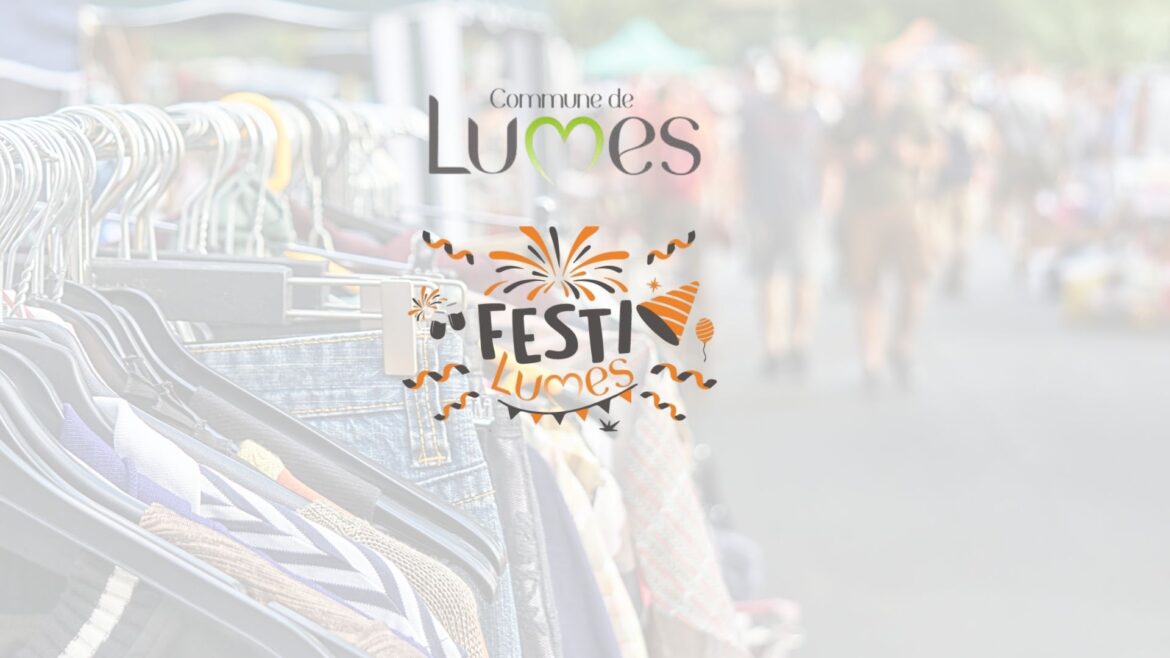 Image en fond de brocante avec en premier plan les logo de la Commune de Lumes et de festi lumes