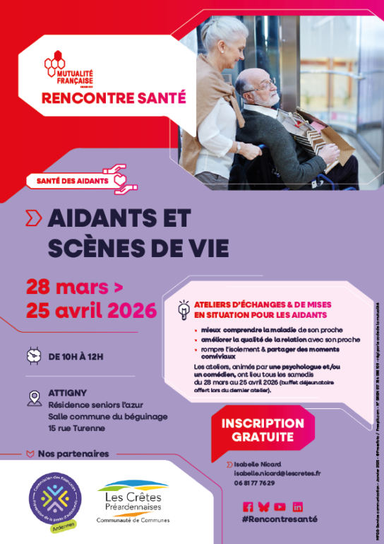 Affiche pour les différents rendez-vous à Attigny pour le soutient des aidants des personnes porteurs de handicap