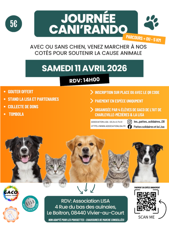 Affiche Cani'rando, à Vivier-au-Court, 5km et 5 euros pour soutenir le refuge la lisa