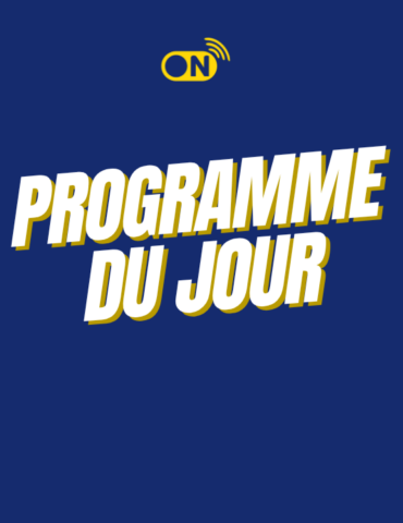 Fond bleu avec écrit en blanc et jaune "programme du jour"