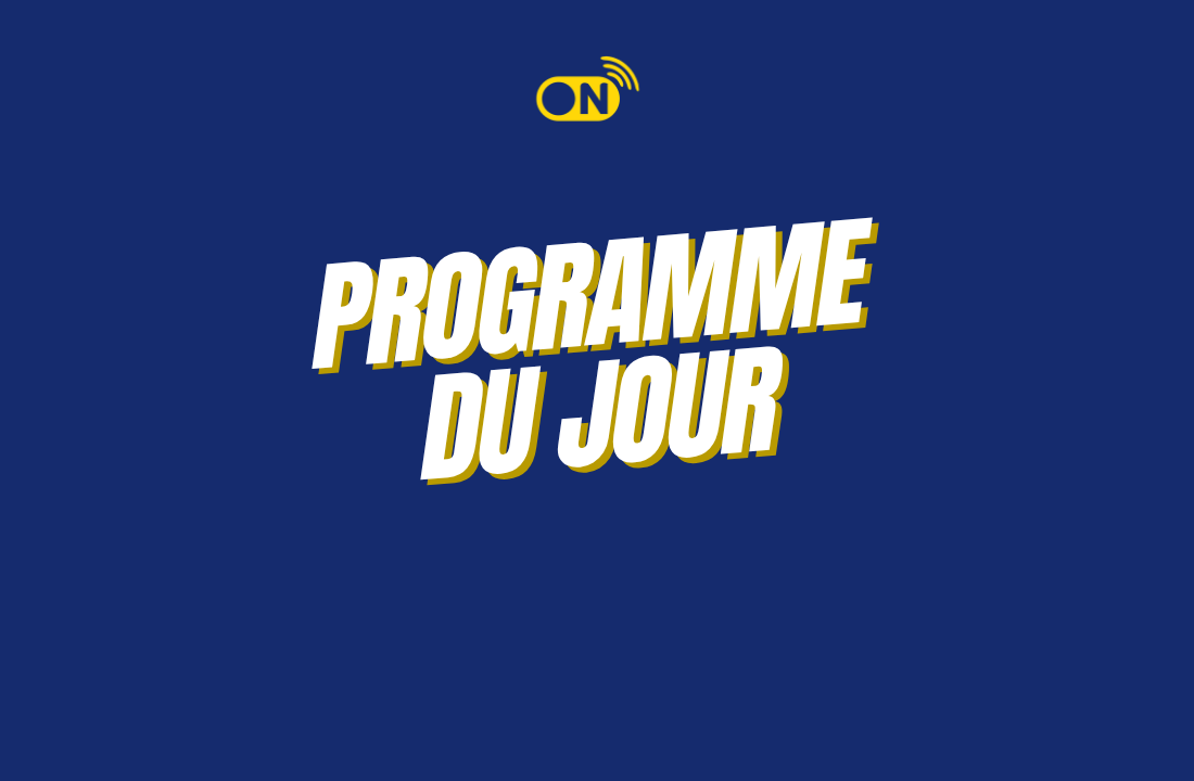 Fond bleu avec écrit en blanc et jaune "programme du jour"