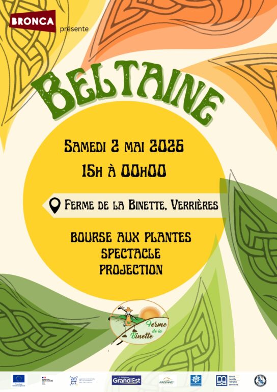 Flyer pour Beltaine le 2 mai à Verrières organisé par la Bronca