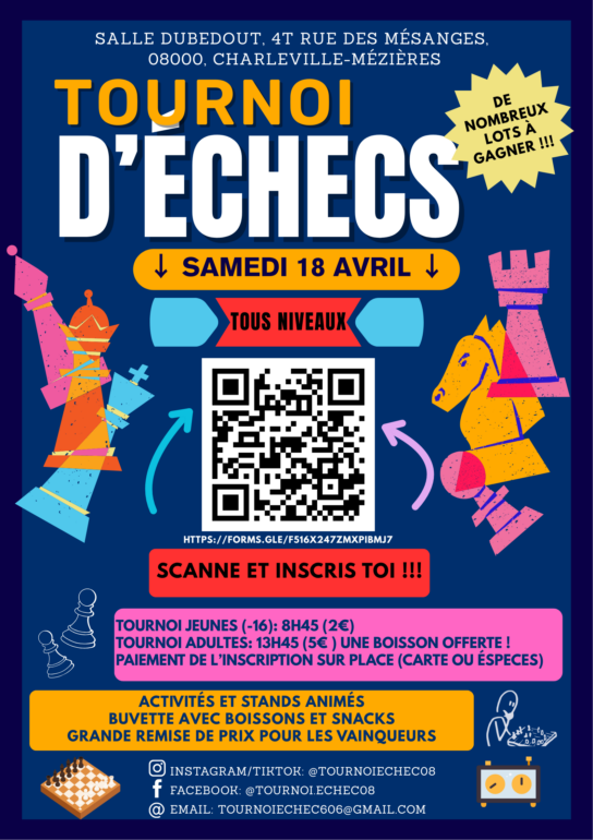 Affiche tournoi d'échecs des ardennes 18 avril