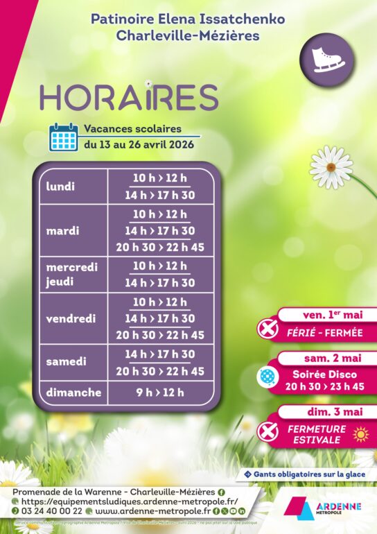 Horaires d'ouverture de la patinoire de Charleville-Mézières vacances scolaires