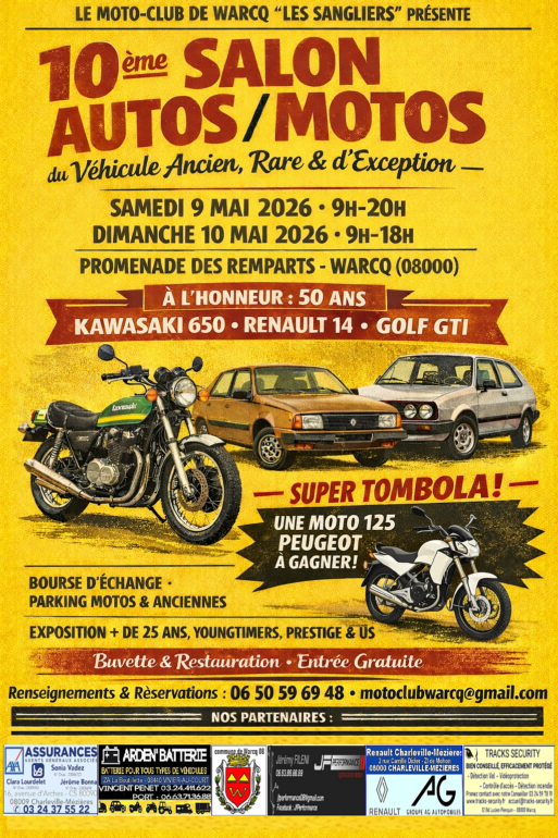 Flyer du 10ème salon Autos/motos organisé par  le Moto club de Warcq " Les sangliers" 08-Ardennes