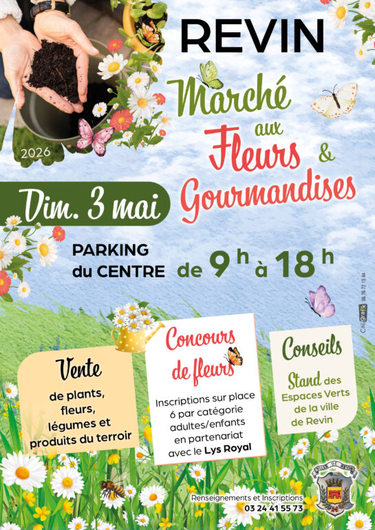 Affiche du marché aux fleurs et aux gourmandises à Revin le 3 mai de 9h à 18h sur le parking du centre 