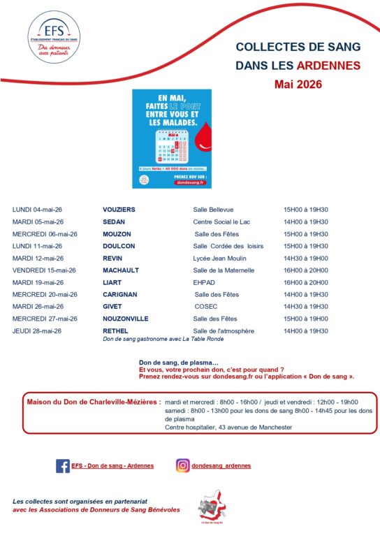 Listes des dates de collectes de dons de sang dans les Ardennes pour mai 2026