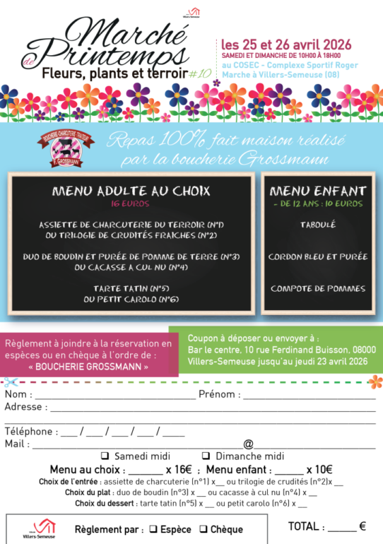 Réservation de repas
 pour le Marché de Printemps de Villers Semeuse