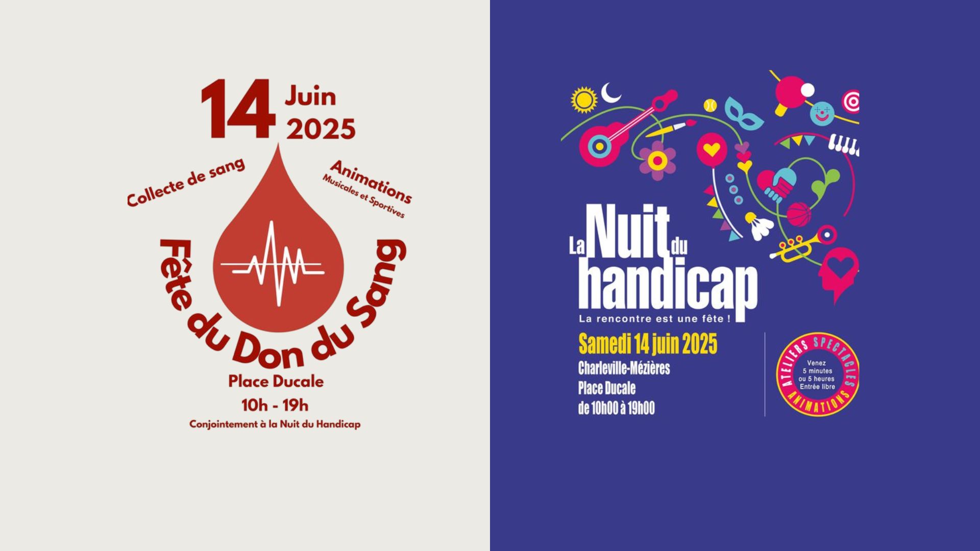 Affiche de la nuit du handicap et la journée du don du sang le 13 juin de 10h à 19h à Charleville-Mézières