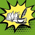 Logo de la librairie Plumes et Bulle, le logo représente une bulle de BD dans laquelle se trouve un livre ainsi qu'une tasse de café avec une plume pour écrire à l'intérieur