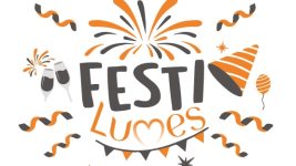 Logo de Festi Lumes avec des confettis;, feux d'artifices et chapeaux en fond